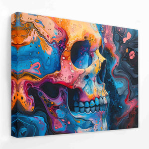 a painting of a colorful skull on a white wall