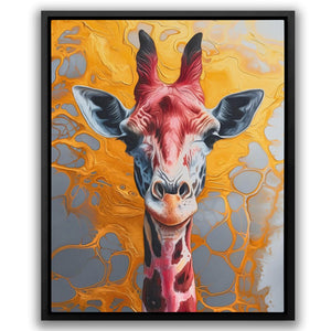 a painting of a giraffe with a yellow background