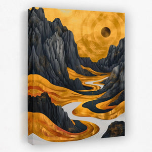 a painting of a mountain landscape with a river running through it