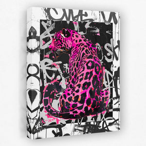 a painting of a pink leopard on a black and white background