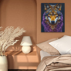 a painting of a wolf on a wall above a bed
