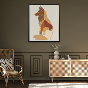 a picture of a dog on a wall in a living room