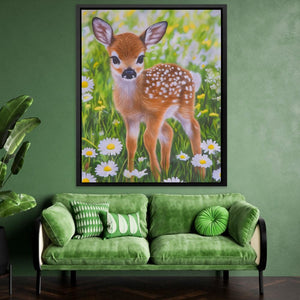 a living room with a green couch and a painting on the wall