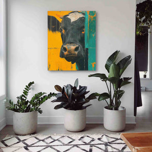 a painting of a cow on a wall next to potted plants