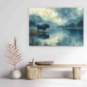 a painting of a bull standing in a lake