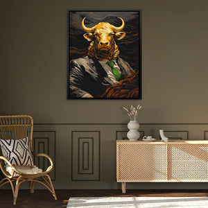 a painting of a bull wearing a suit and tie