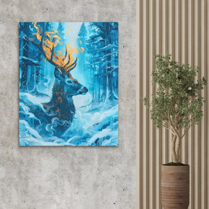 a painting of a deer in a snowy forest