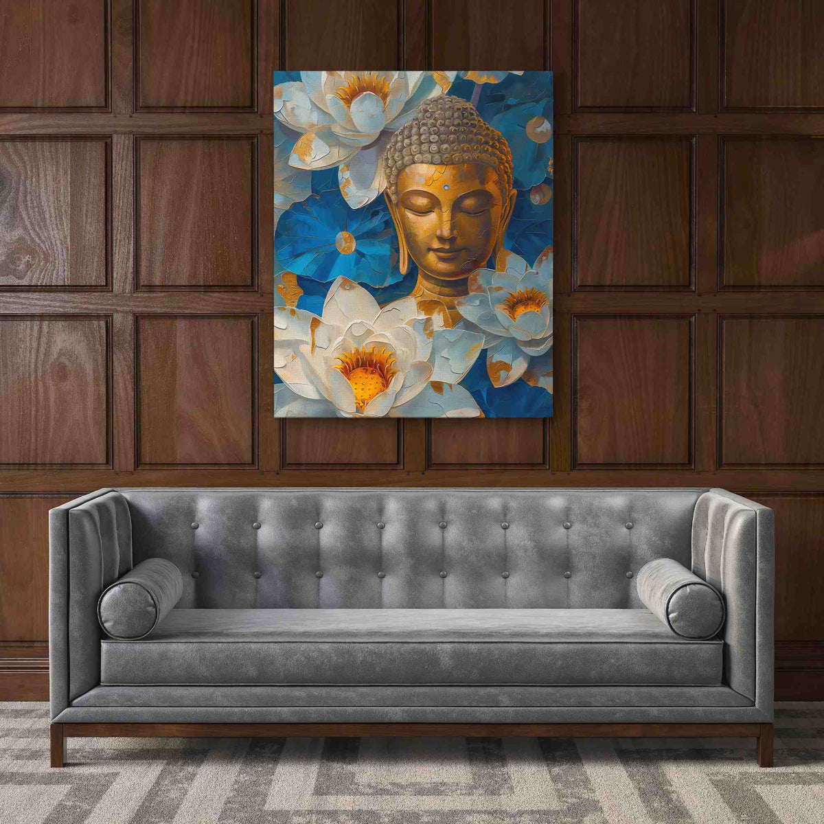 a living room with a couch and a painting on the wall
