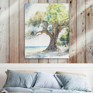 a painting of a tree on a wall above a bed