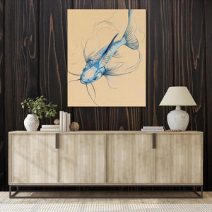 a painting of a fish on a wall above a sideboard