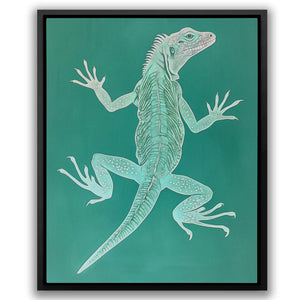 a painting of a lizard on a green background