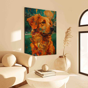 a painting of a golden retriever in a living room