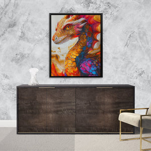 a painting of a dragon on a wall above a dresser