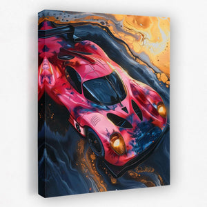 a painting of a red race car on a black background