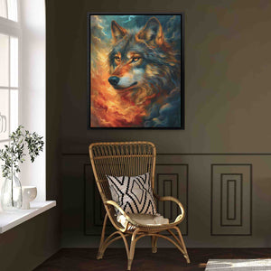 a painting of a wolf on a wall next to a chair