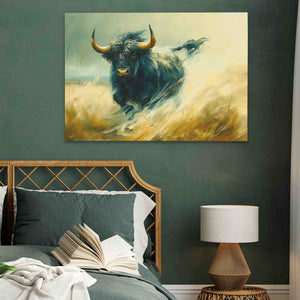 a painting of a bull running across a field