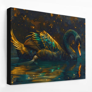 a painting of a swan floating on a body of water