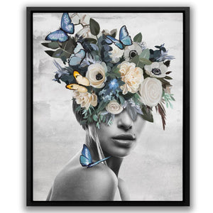 a painting of a woman with flowers and butterflies on her head