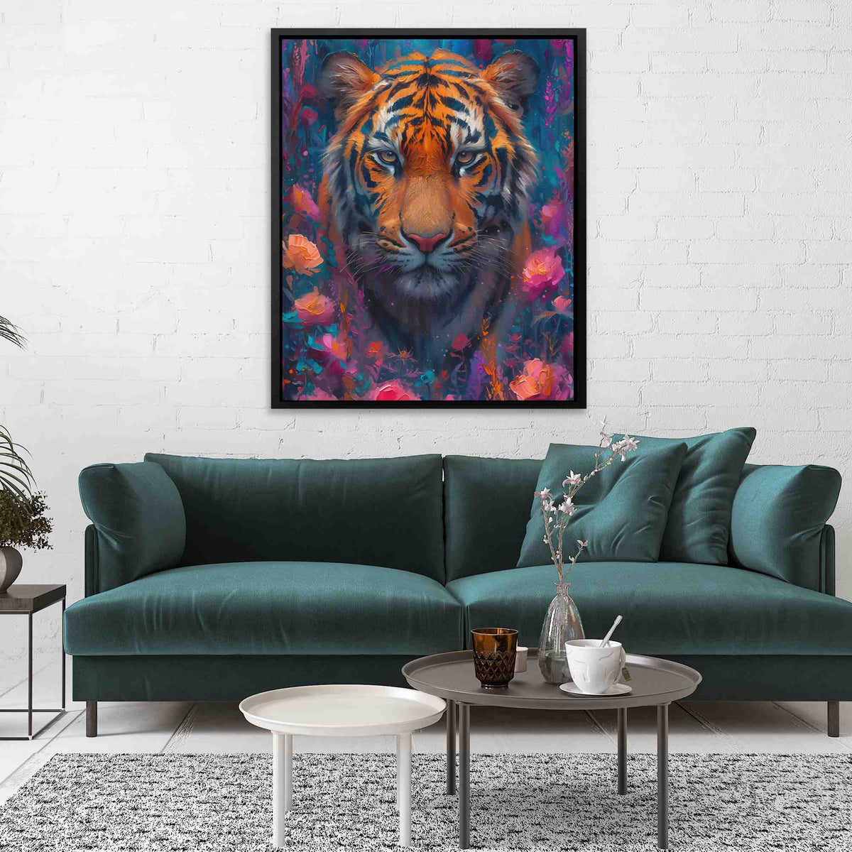 a painting of a tiger on a wall above a couch