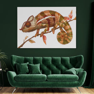 a painting of a chamelon sitting on a branch