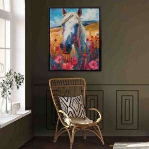 a painting of a white horse in a field of flowers