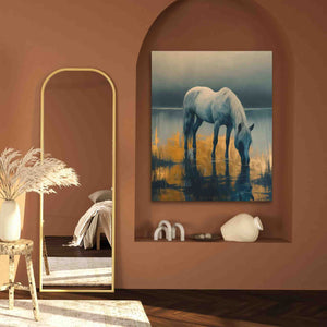 a painting of a white horse in a room