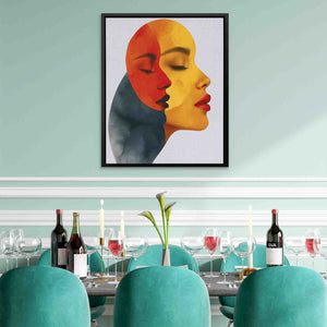 a painting of a woman's face on a wall above a dining room table