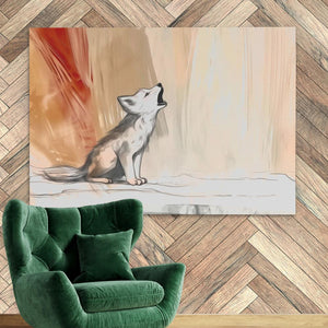 a green chair sitting in front of a painting of a wolf