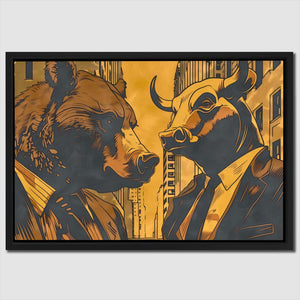 a painting of a bull and a bear on a city street