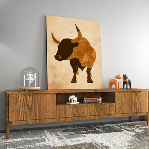 a painting of a bull on a wall above a wooden cabinet