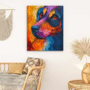 a painting of a colorful dog on a white wall