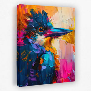 a painting of a colorful bird on a white background