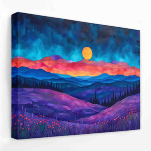 a painting of a sunset over a mountain range