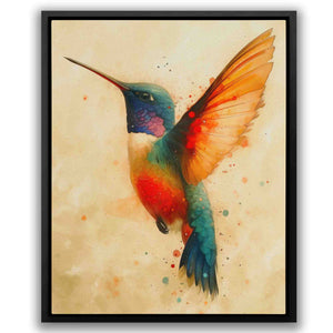 a painting of a colorful hummingbird in flight