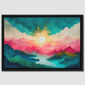 a painting of a sunset over a mountain range