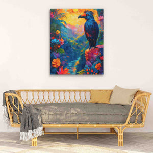 a painting of a bird on a wall above a couch