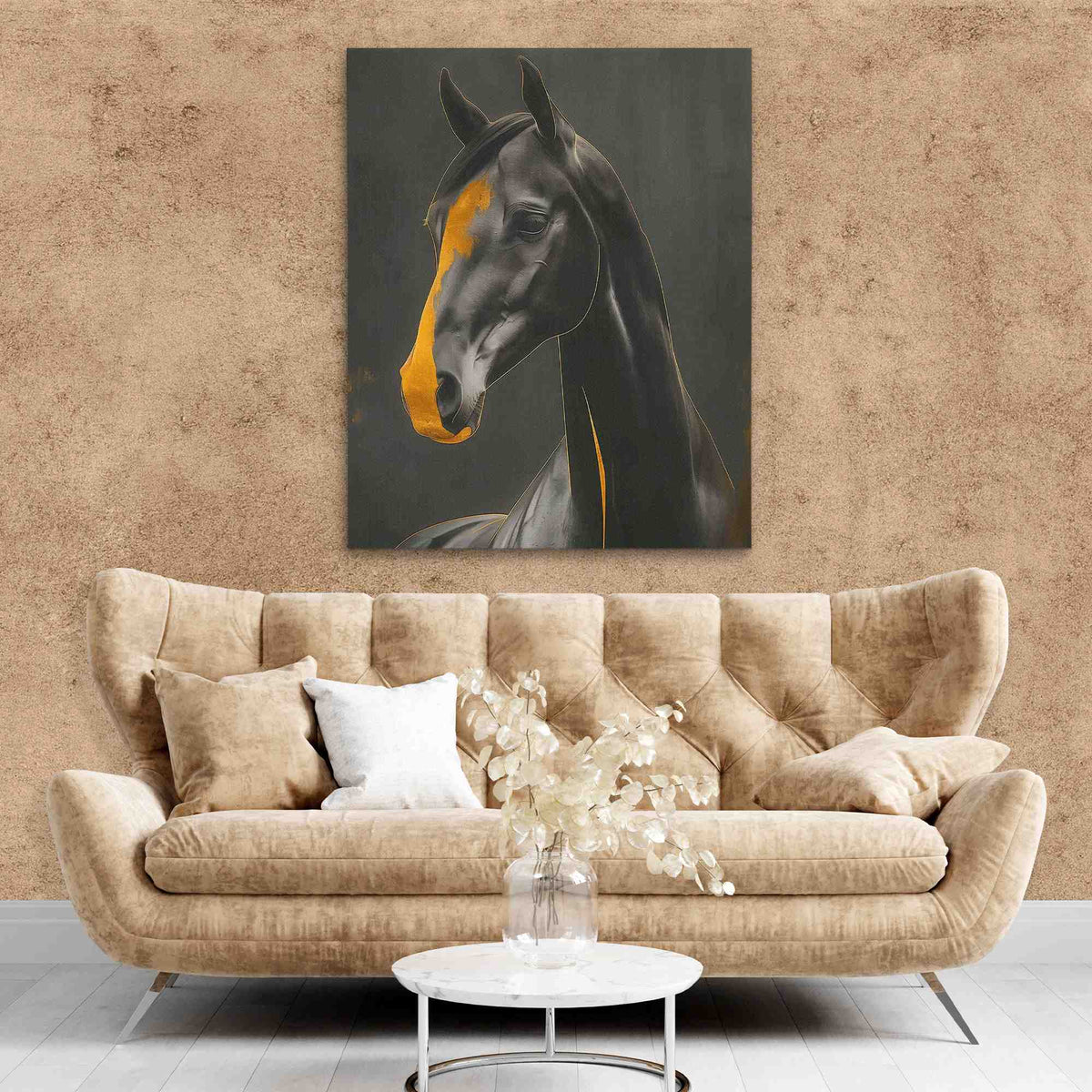 a living room with a couch and a horse painting on the wall