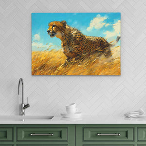 a painting of a cheetah running through a field