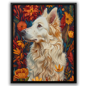 a painting of a dog in a field of flowers