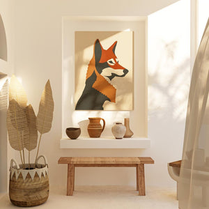 a picture of a fox on a wall above a bench