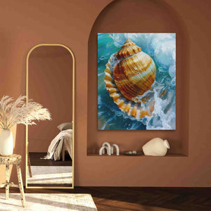 a painting of a seashell hangs on a wall