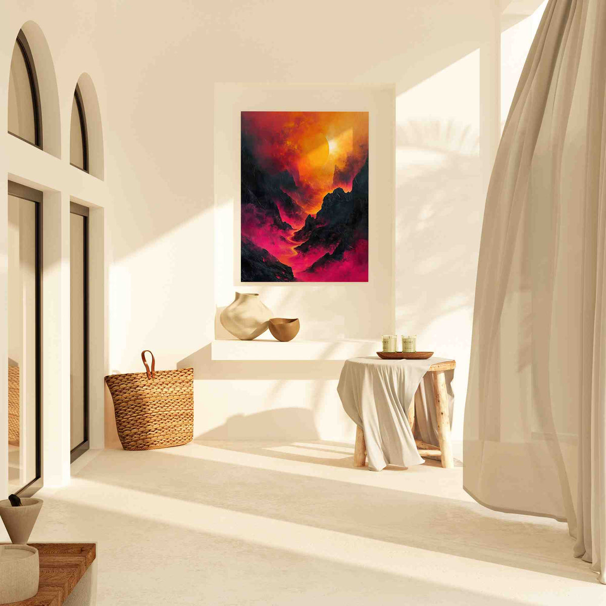 a white room with a painting on the wall