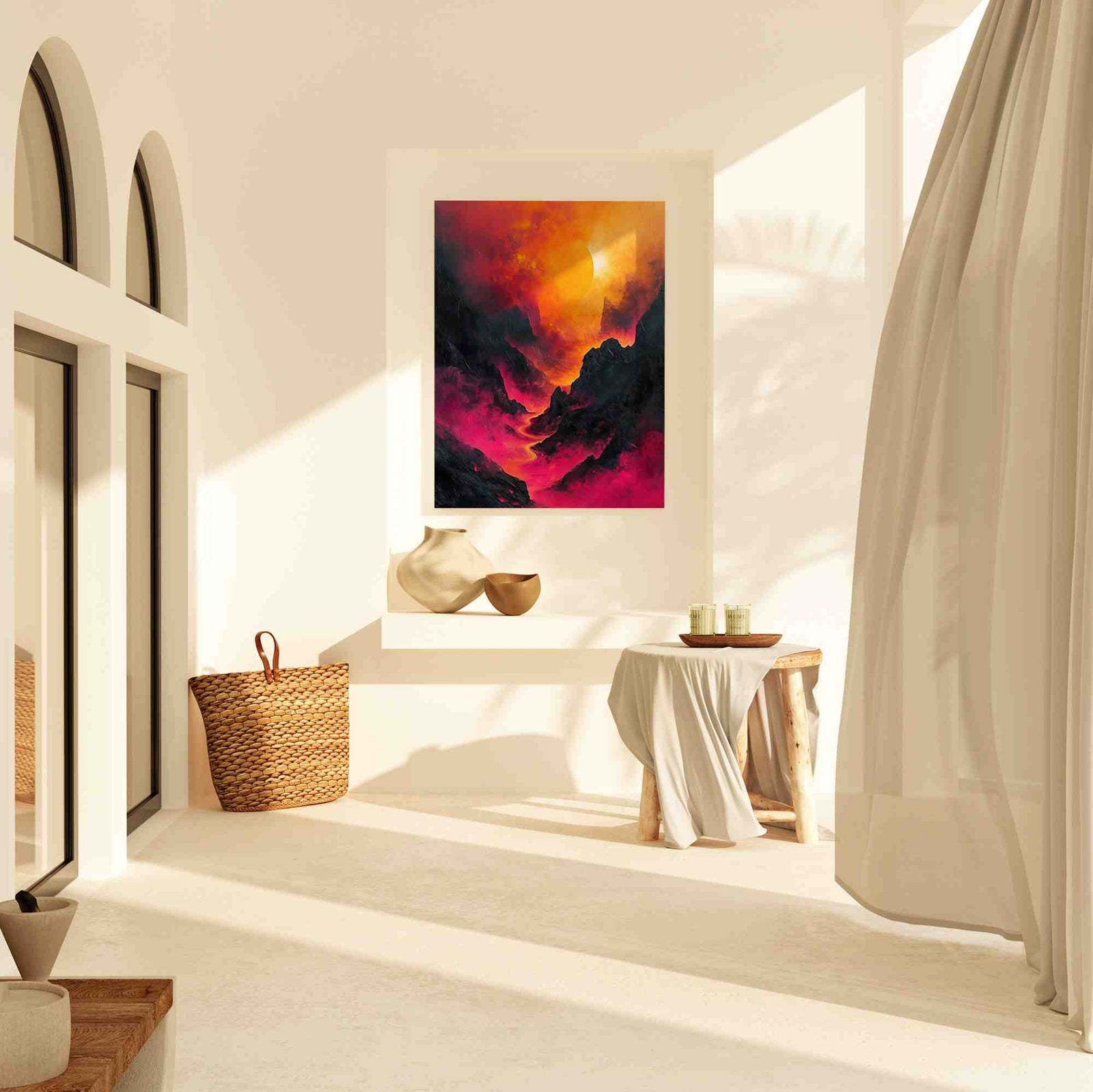 a white room with a painting on the wall