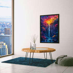 a living room with a table and a painting on the wall