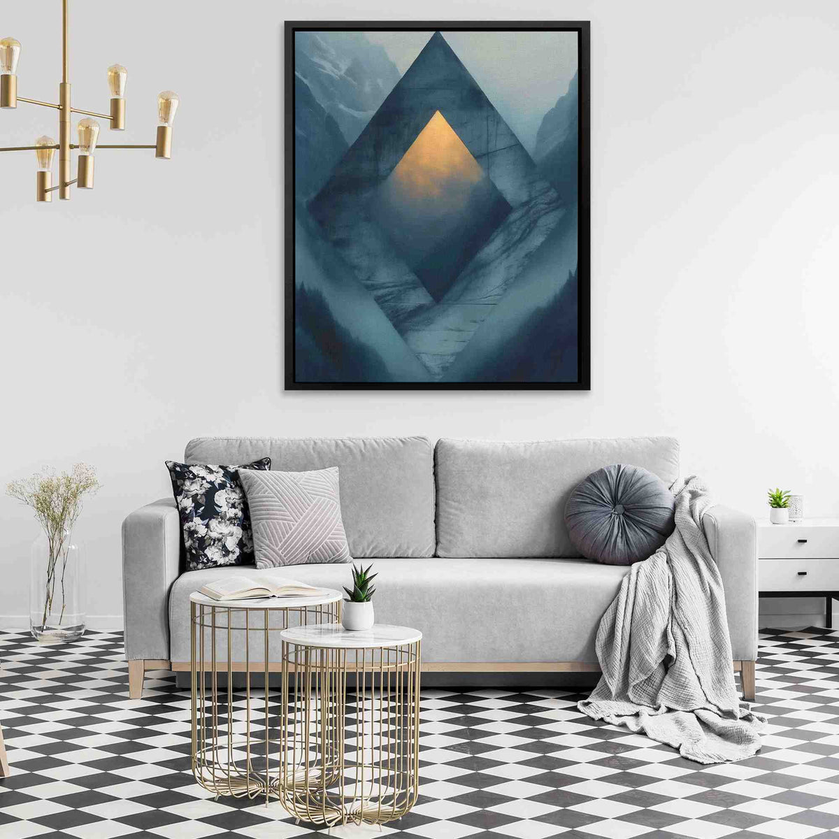 a living room with black and white checkered flooring