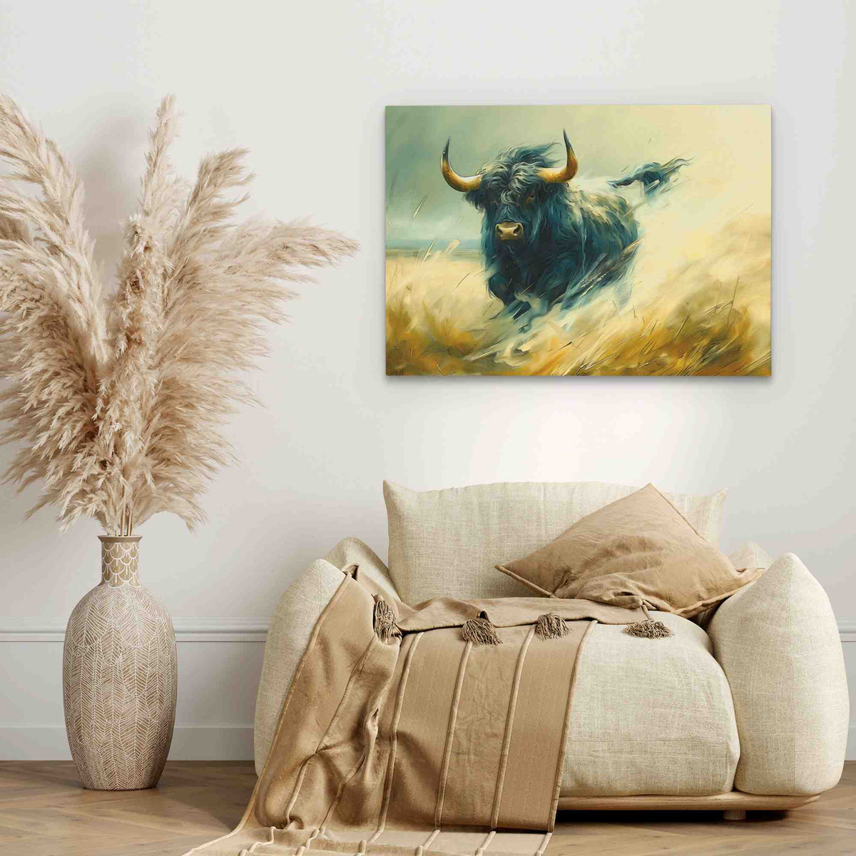 a painting of a bull running through a field