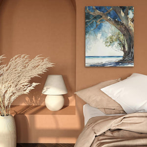 a bedroom with a painting on the wall next to a bed