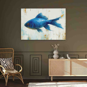 a painting of a blue fish in a living room