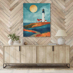 a painting of a lighthouse on a wooden wall