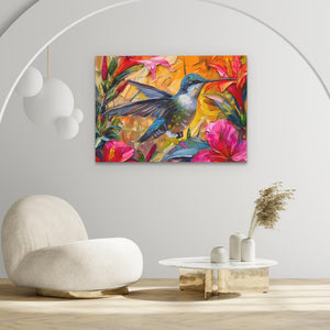 a painting of a hummingbird on a white wall